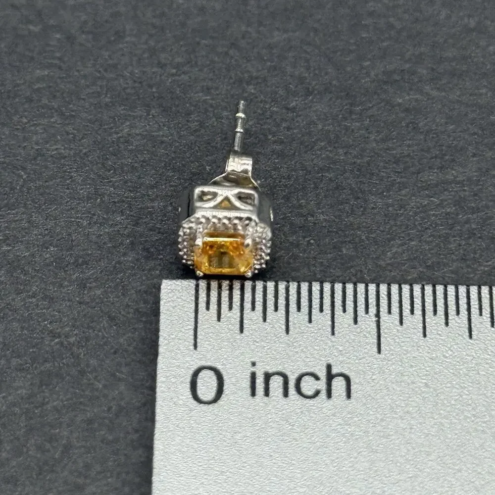 Signed STS 925 Sterling Silver Yellow Citrine Halo Pendant Necklace & Stud Earri